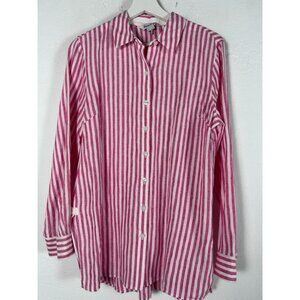 Tommy Bahama Womens Pink & White Striped Linen Button-Up Shirt Tunic Small NWOT